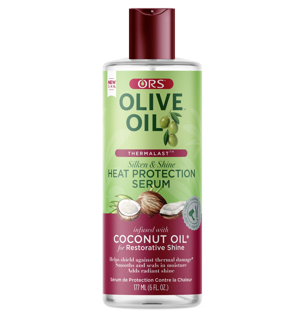 ORS olive oil serum front packaging showing product and size benefit shine