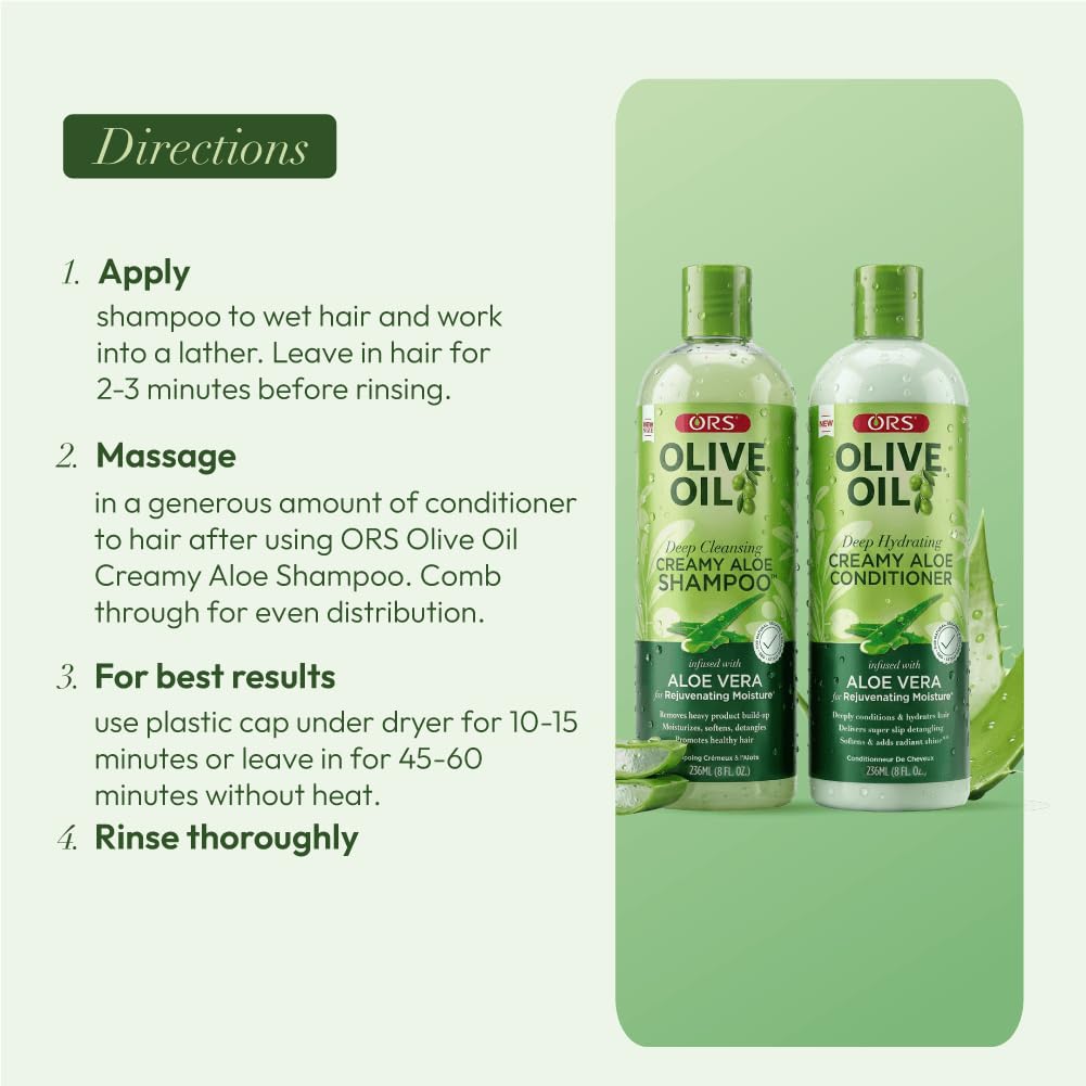 ORS olive oil two-piece set styled on bathroom counter conveying routine-ready hydration benefits