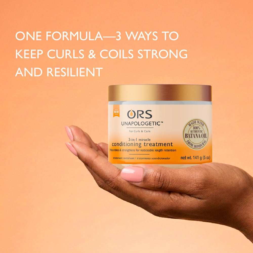 ORS Batana Oil dropper beside product, conveys nourishing ingredient and shine benefit