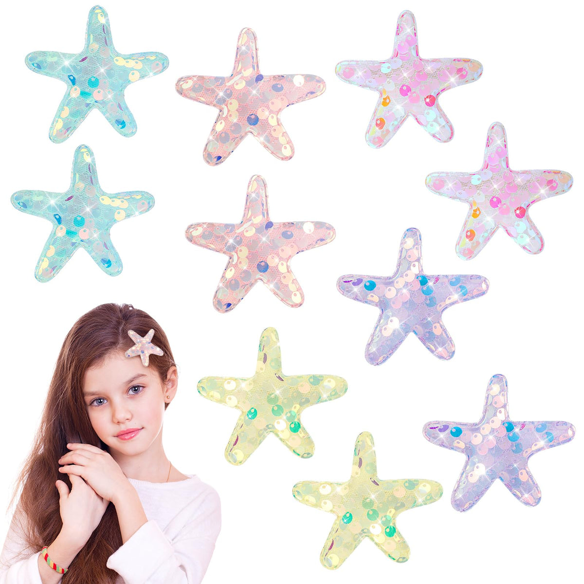 Oruola front view of starfish clips showing colorful sparkle and easy styling
