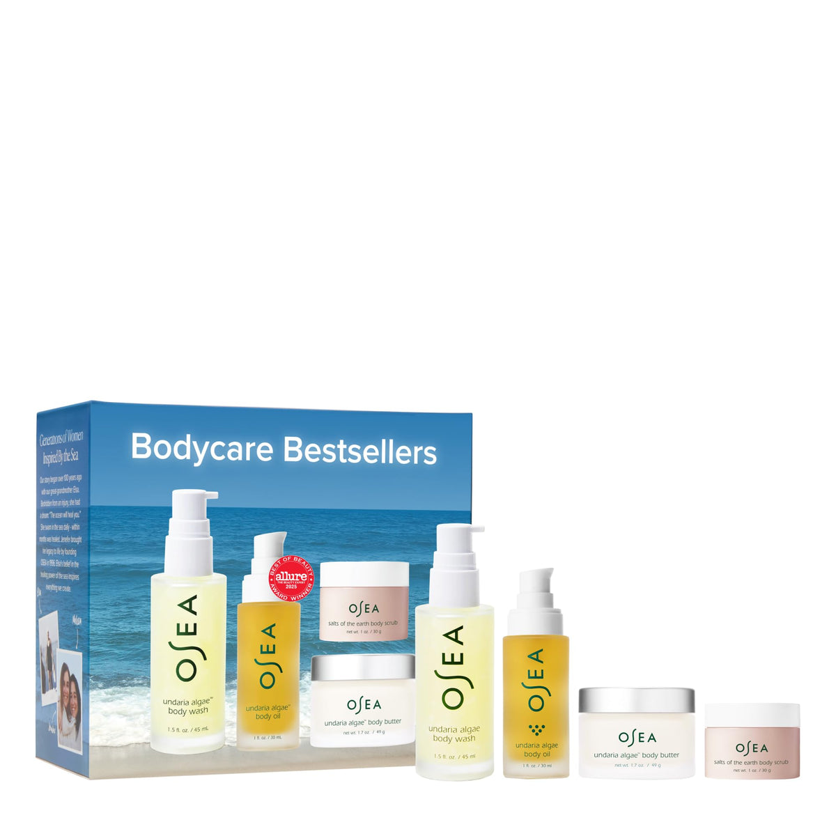 OSEA front packaging of four-piece travel set shows convenience and travel readiness