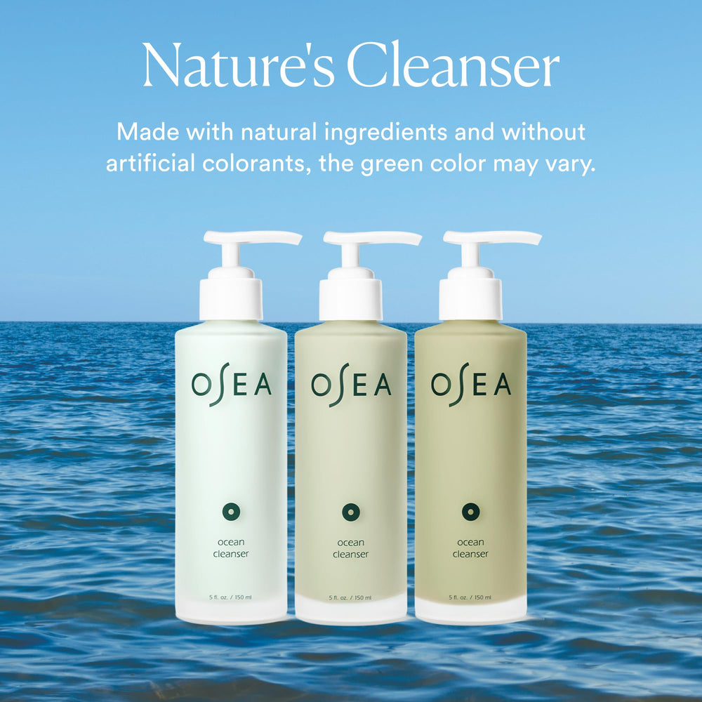 OSEA bottle on bathroom shelf showing sustainable packaging and aesthetic appeal