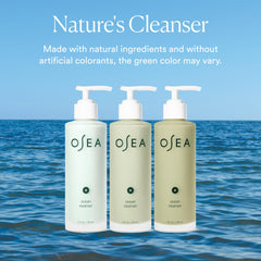 OSEA bottle on bathroom shelf showing sustainable packaging and aesthetic appeal