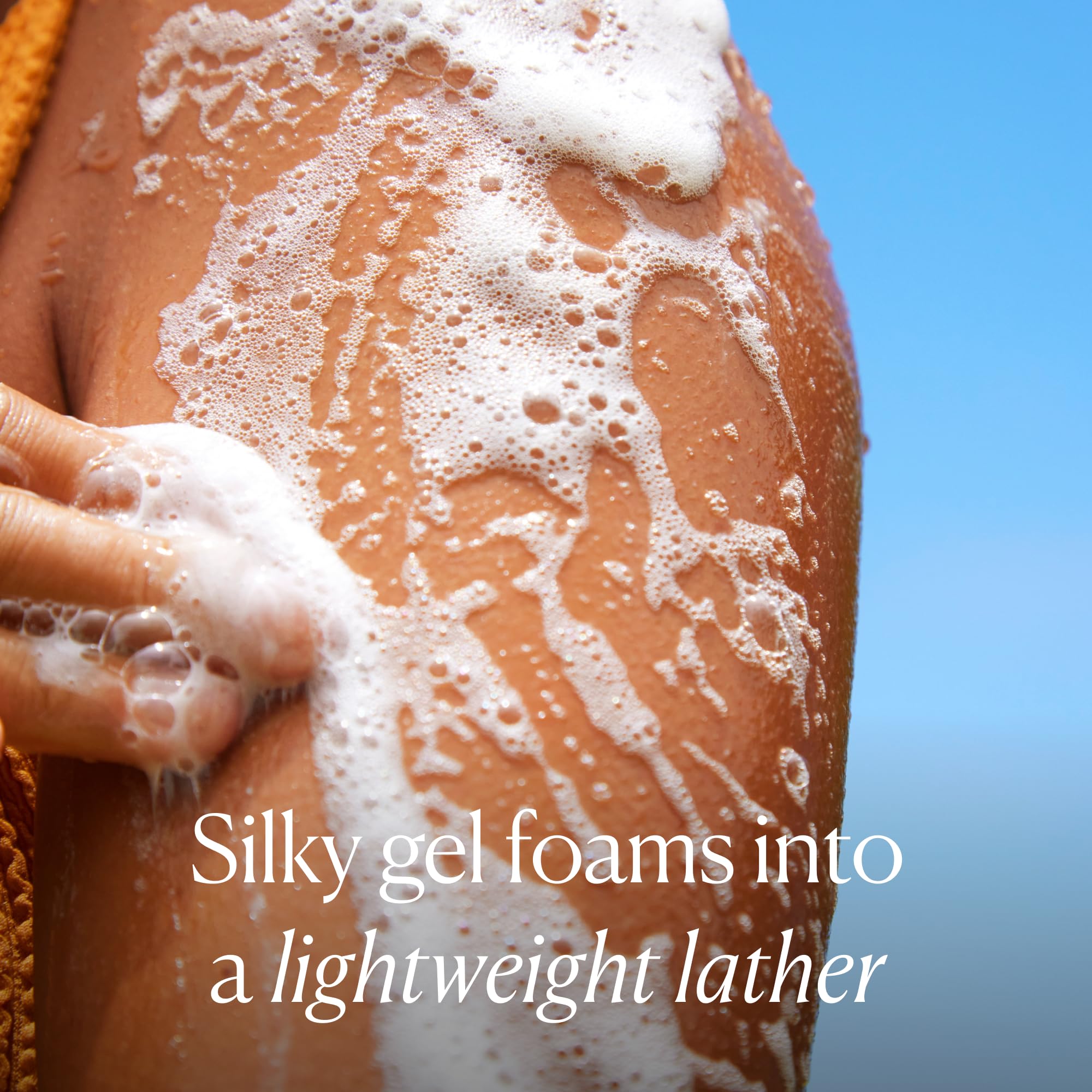 OSEA body wash poured into palm showing easy lather and moisturizing feel
