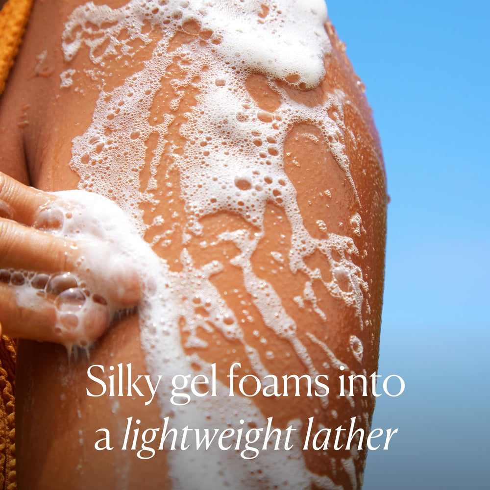 OSEA body wash poured into palm showing easy lather and moisturizing feel
