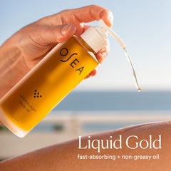 OSEA bottle beside a ruler showing 5 oz size and travel-friendly benefit