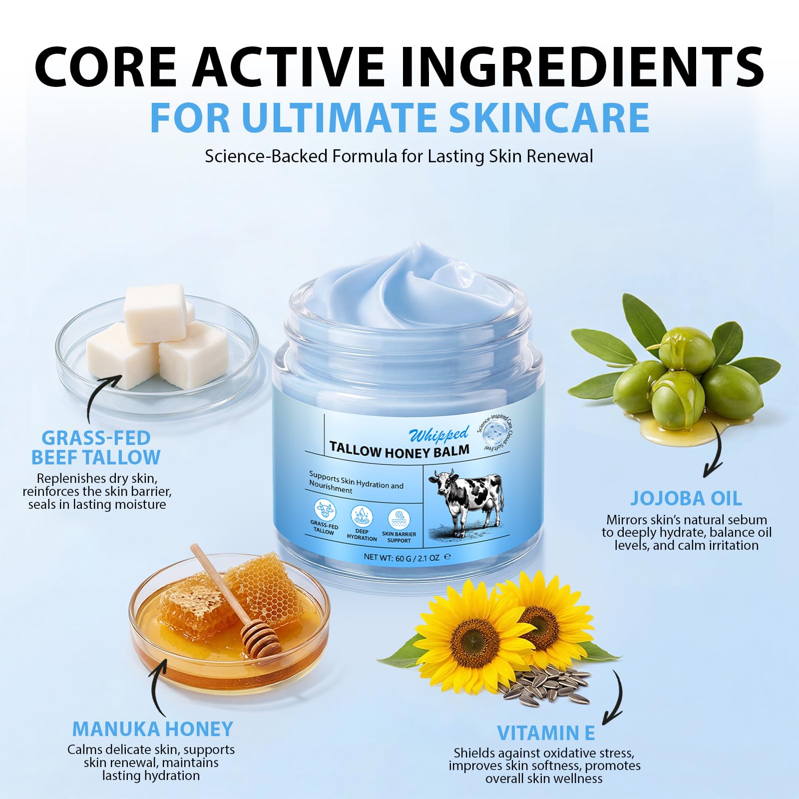 O.SECERT natural ingredient display with grass-fed tallow and jojoba oil benefits