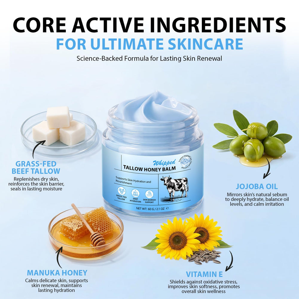 O.SECERT natural ingredient display with grass-fed tallow and jojoba oil benefits