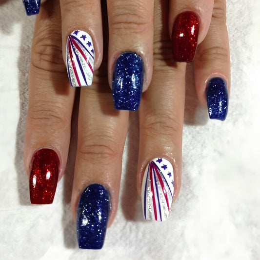OSTTMA front packaging showing 24 patriotic press-on nails and kit benefits