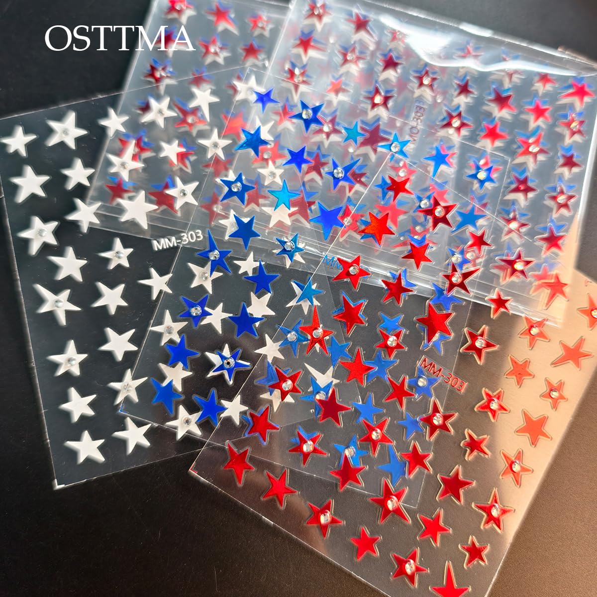 OSTTMA three sheets laid flat showing star and flag decals for design variety