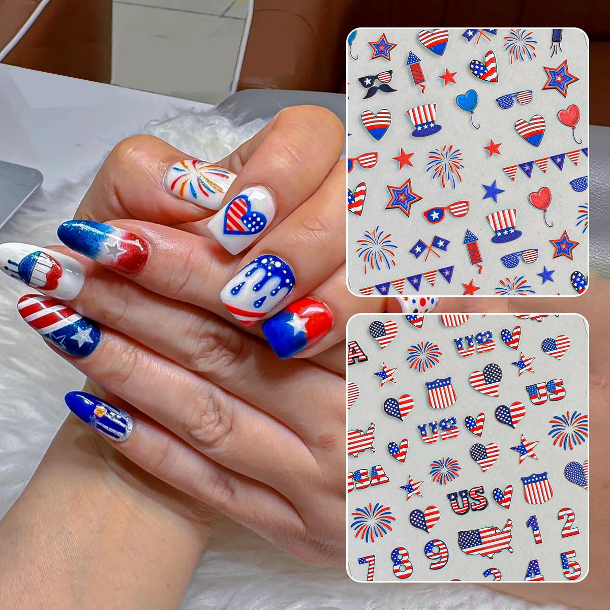 OSTTMA lifestyle shot of finished toe and finger patriotic manicure for event-ready nails