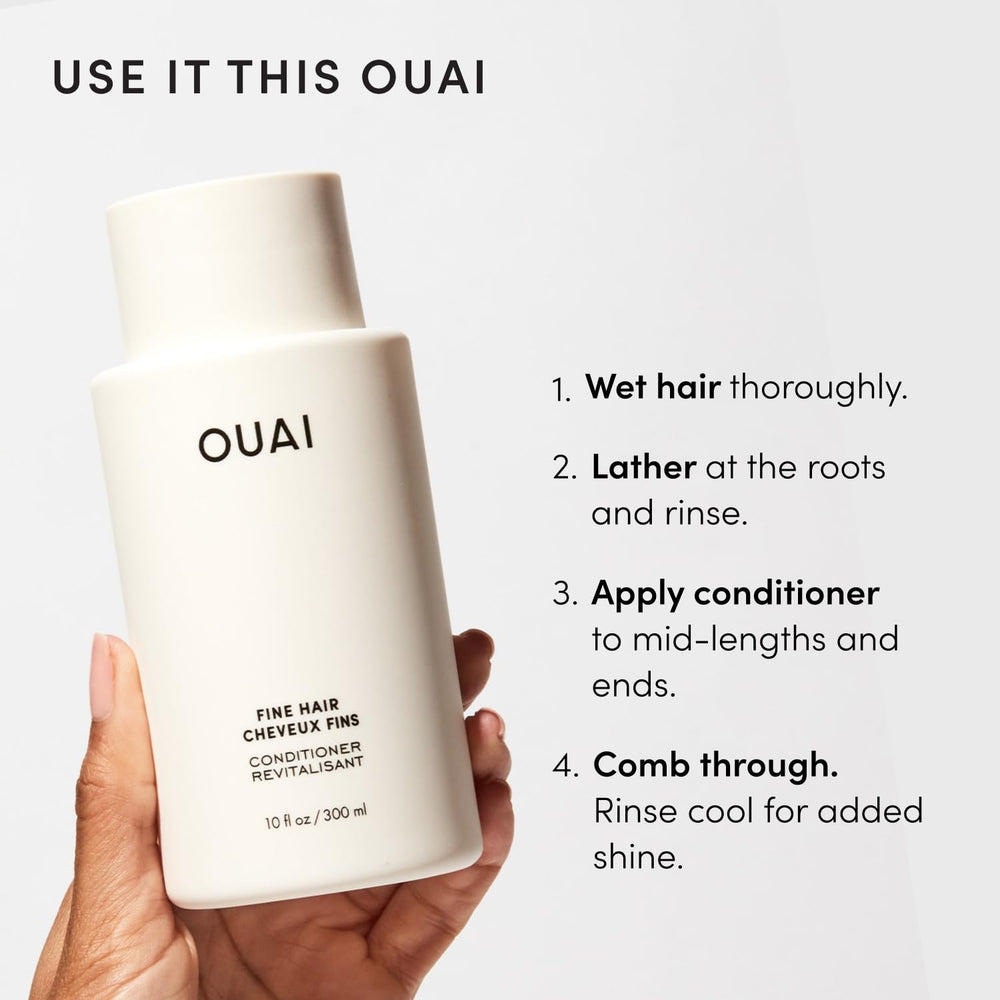 OUAI bottles on bathroom shelf suggesting effortless routine