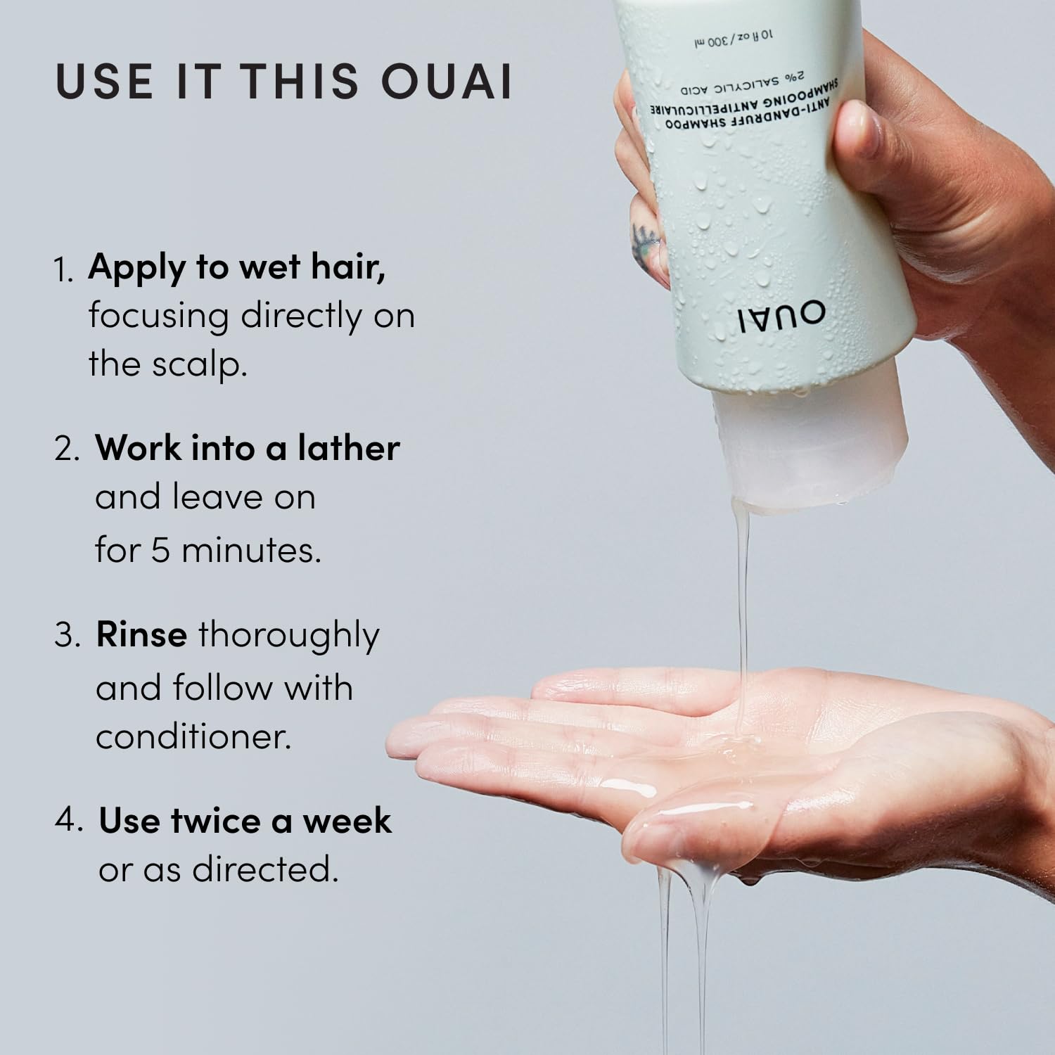 OUAI before and after scalp illustration indicating reduced flakes and soothed skin