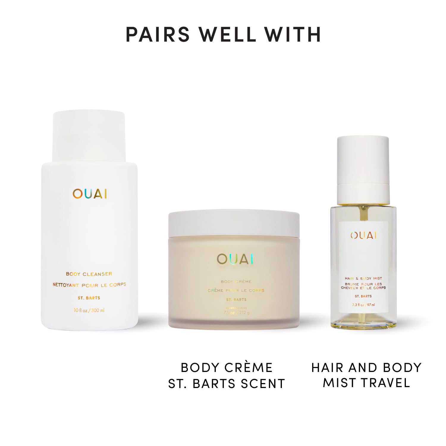 OUAI bottle on shower shelf showing easy rinse-off and non-greasy finish