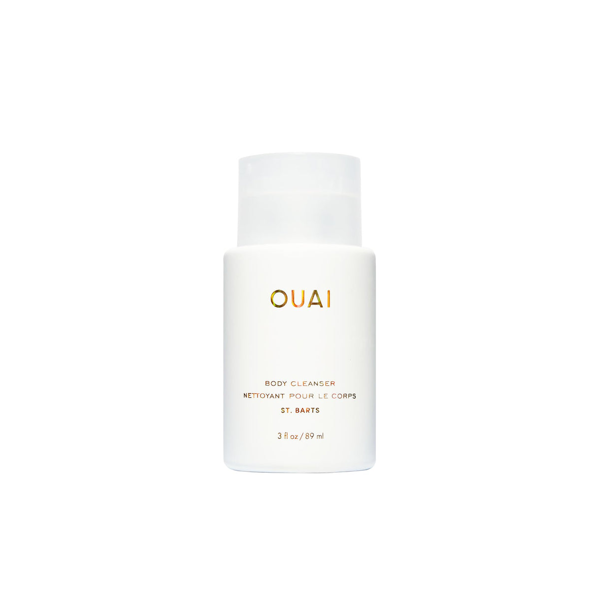 OUAI front bottle showing St. Barts travel packaging and clear brand identity