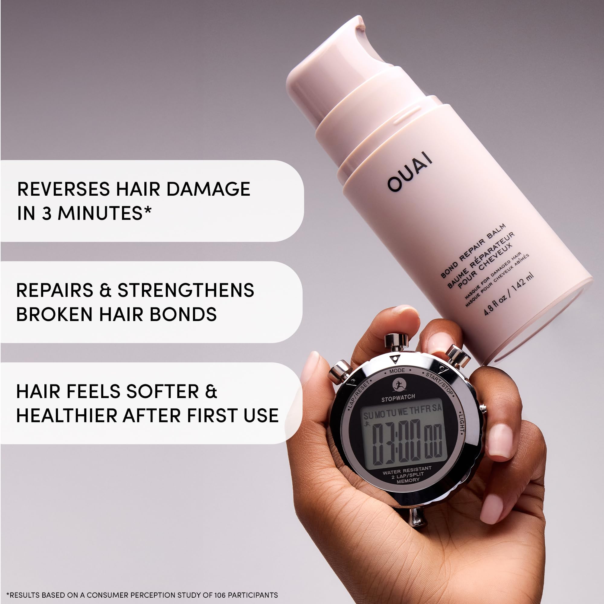 OUAI balm applied in shower to mid-lengths demonstrating quick repair