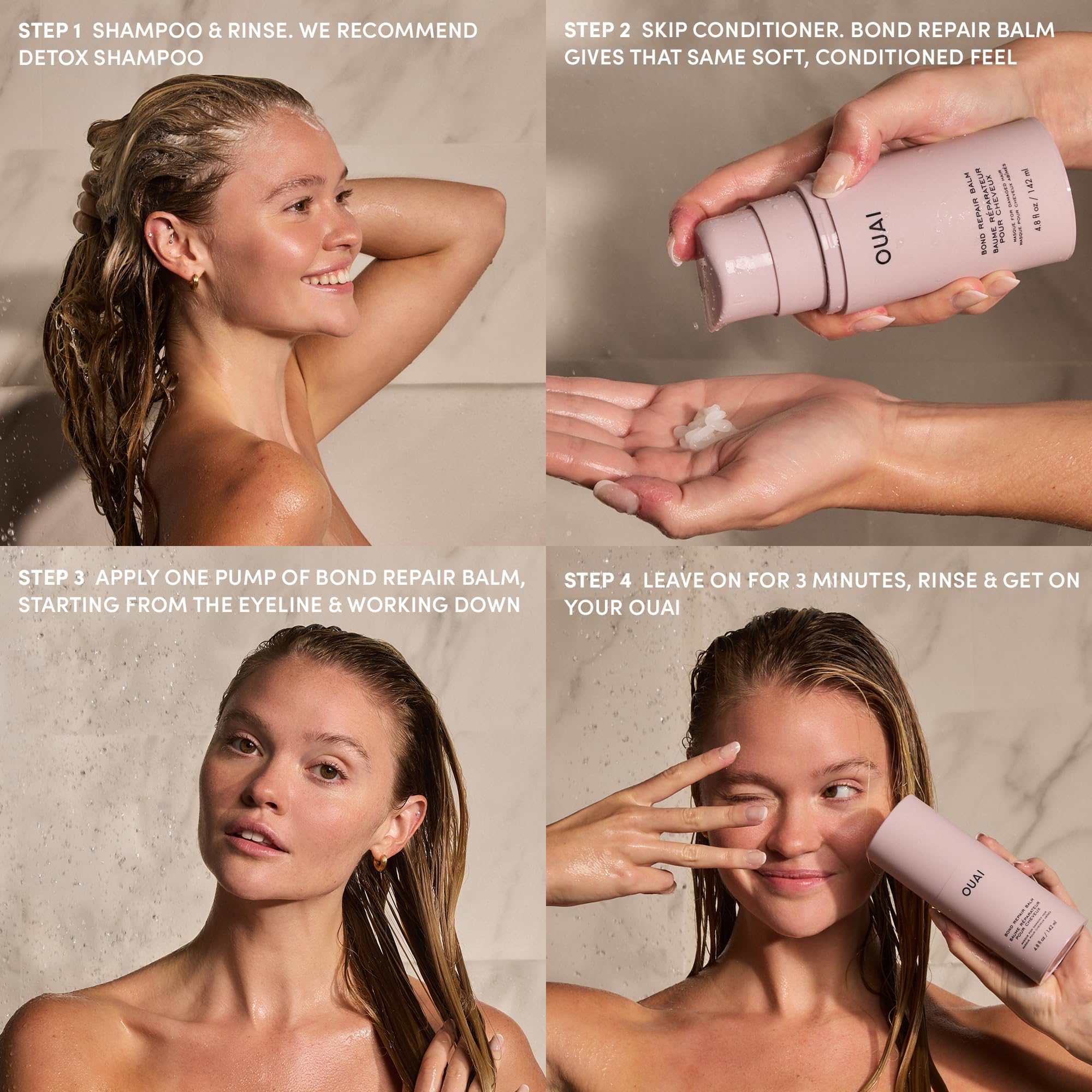 OUAI tube held next to hand showing 4.8oz scale for travel-friendly use
