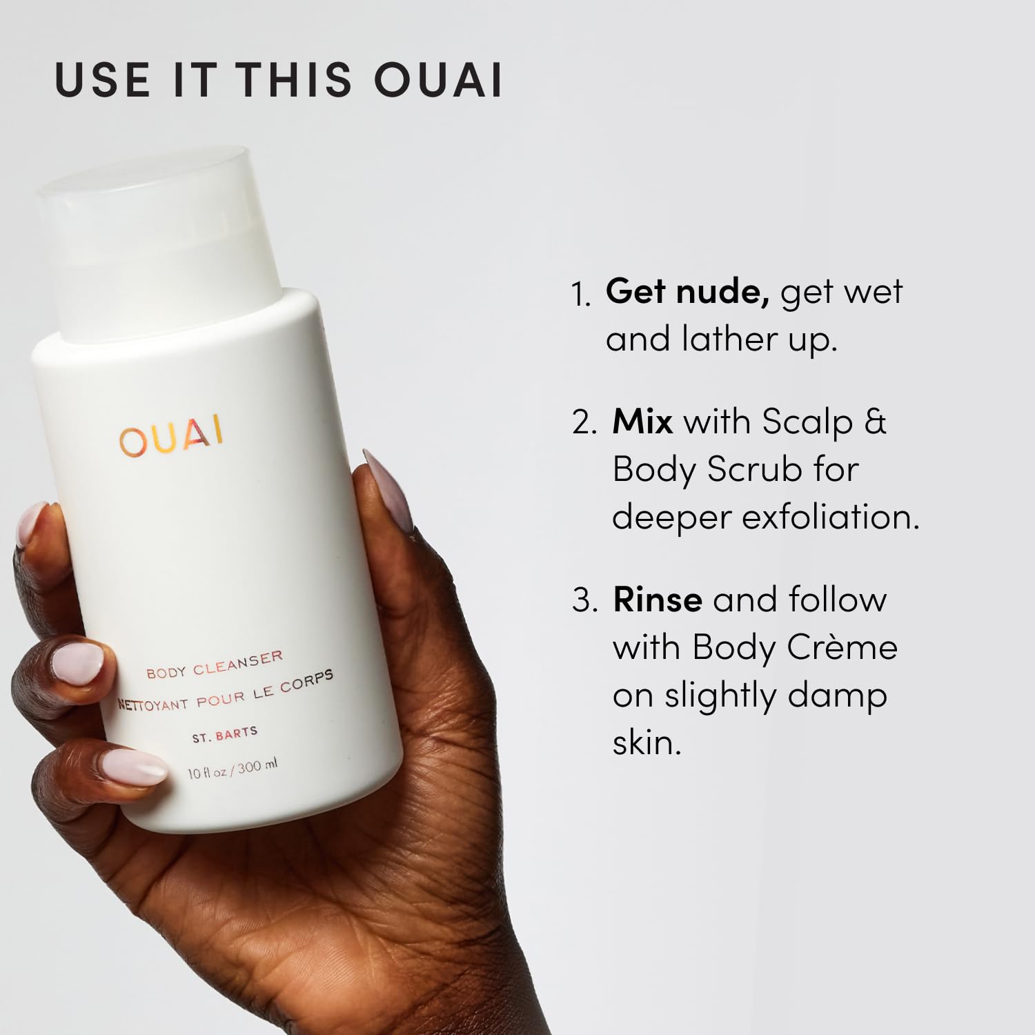 OUAI bottle beside travel kit showing airport-friendly portability