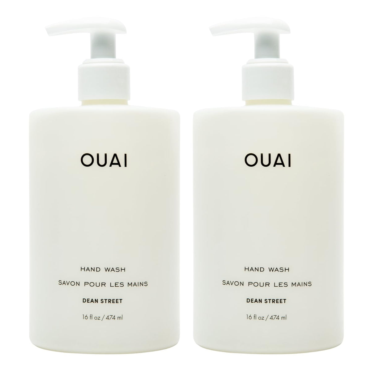 OUAI Dean Street front bottle view showing sleek label and pump, elegant bathroom appeal