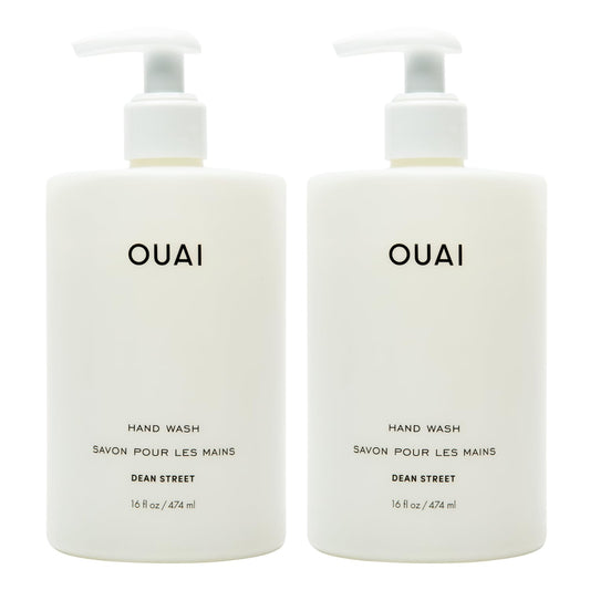OUAI Dean Street front bottle view showing sleek label and pump, elegant bathroom appeal
