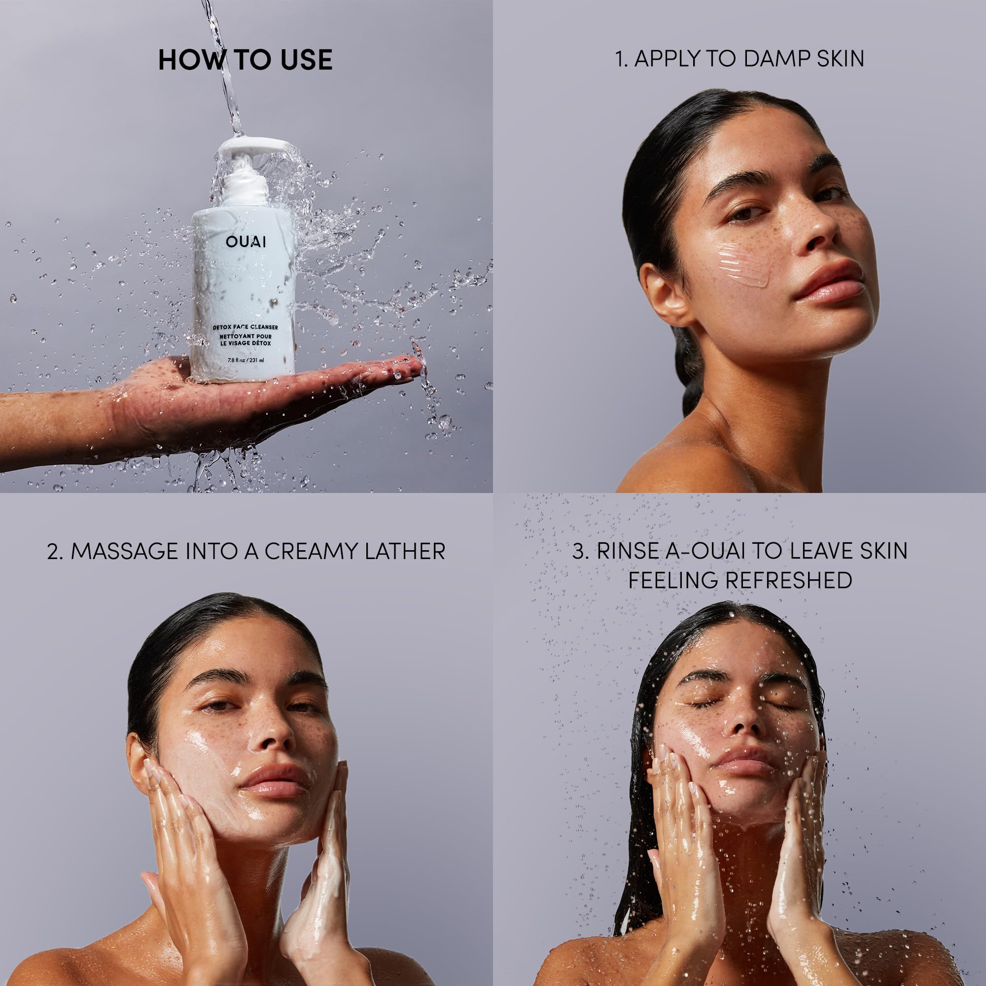 OUAI bottle in bathroom routine scene signaling refreshing post-workout cleanse