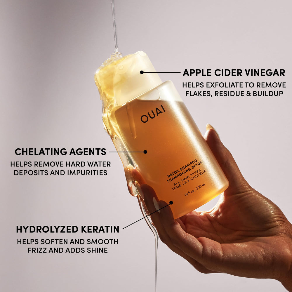 OUAI detox shampoo cap and pour close-up shows easy refill dispensing benefit