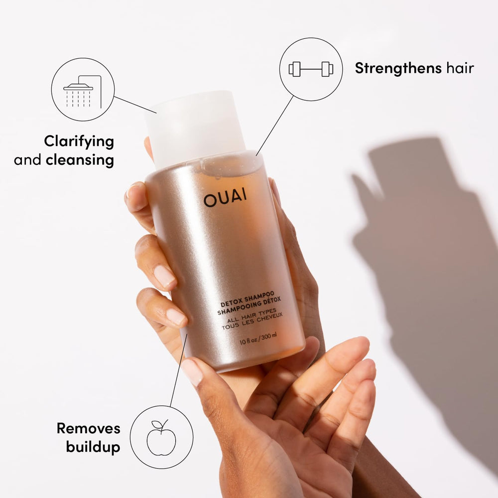 OUAI detox shampoo pouring texture close-up shows cleansing action benefit
