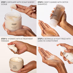 OUAI detox shampoo label and directions view for clear usage instructions benefit