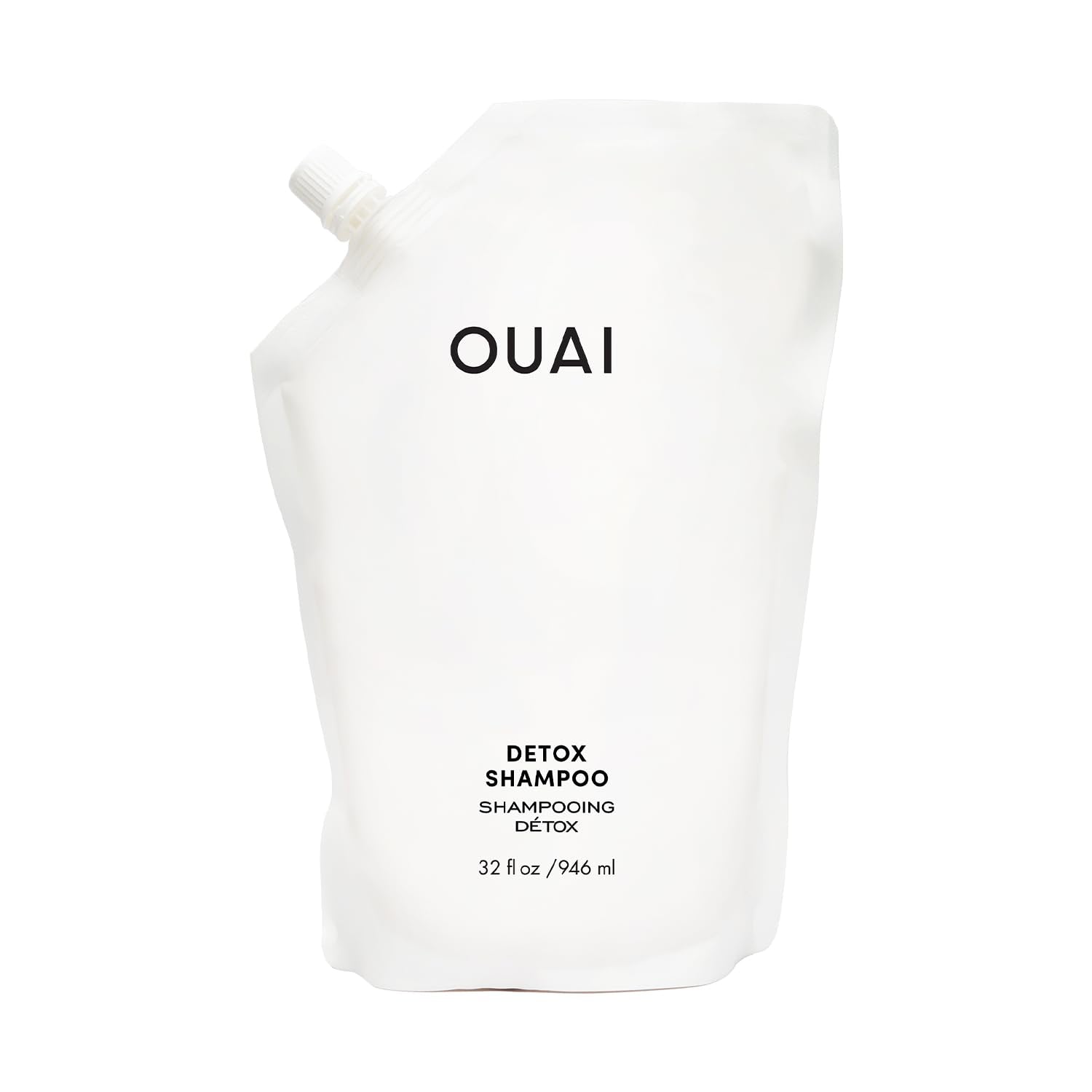 OUAI detox shampoo refill front view shows 32 oz packaging and clear benefit