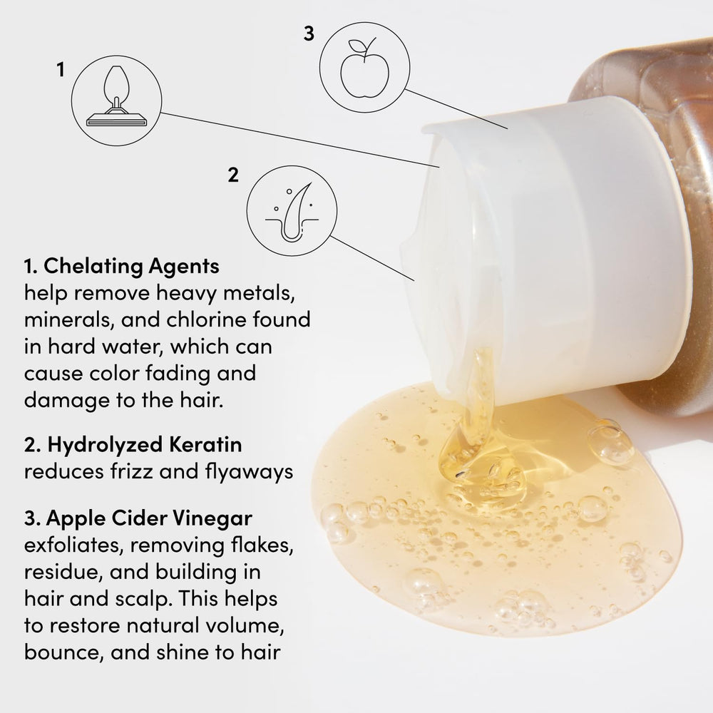 OUAI detox shampoo label close-up shows apple cider vinegar and keratin benefits