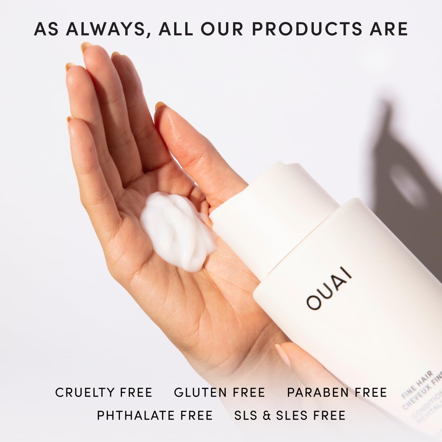 OUAI conditioner next to Fine Shampoo to show recommended pairing benefits