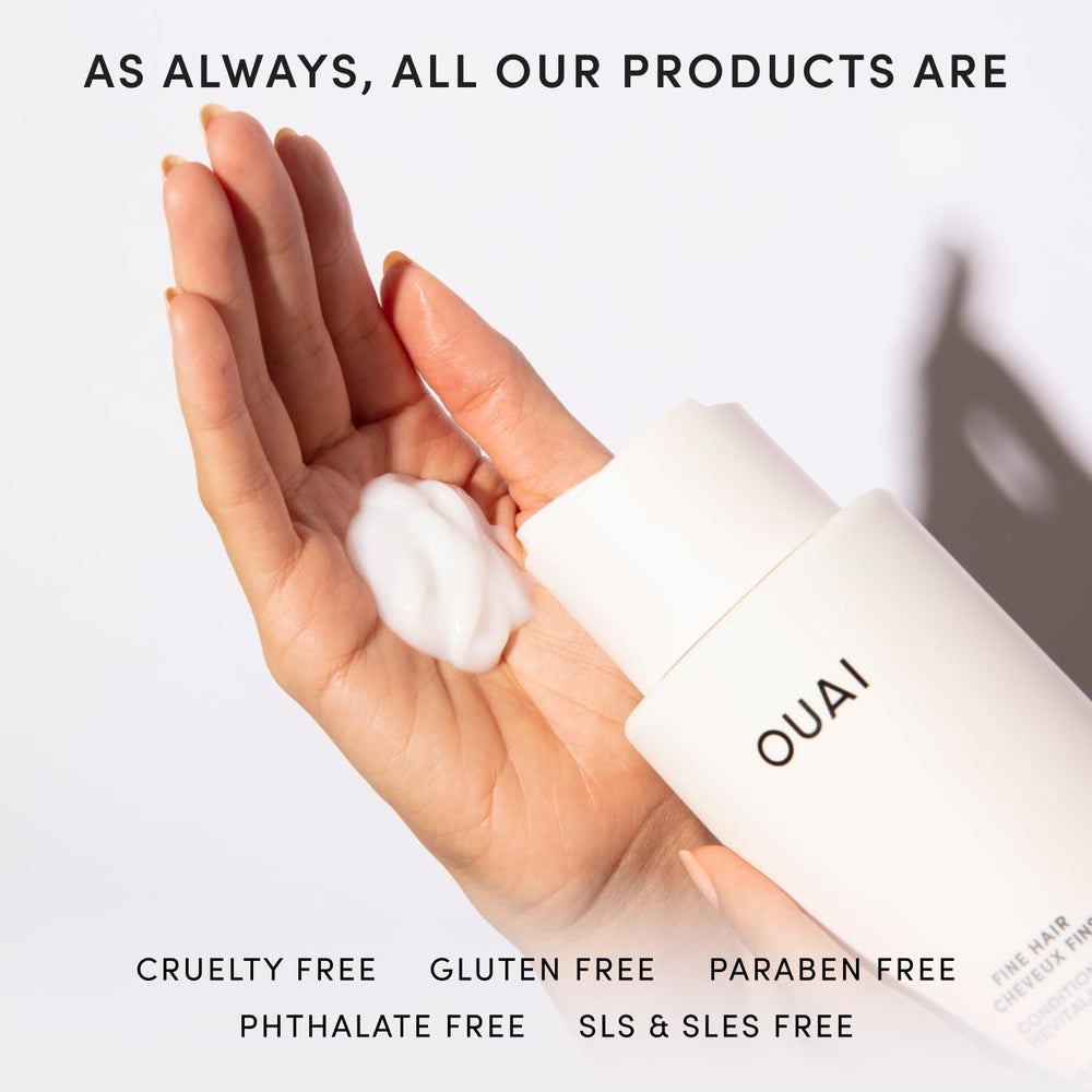 OUAI conditioner next to Fine Shampoo to show recommended pairing benefits