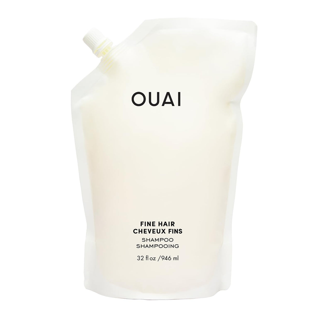 OUAI bottle front view showing 32 oz refill and clear label benefits