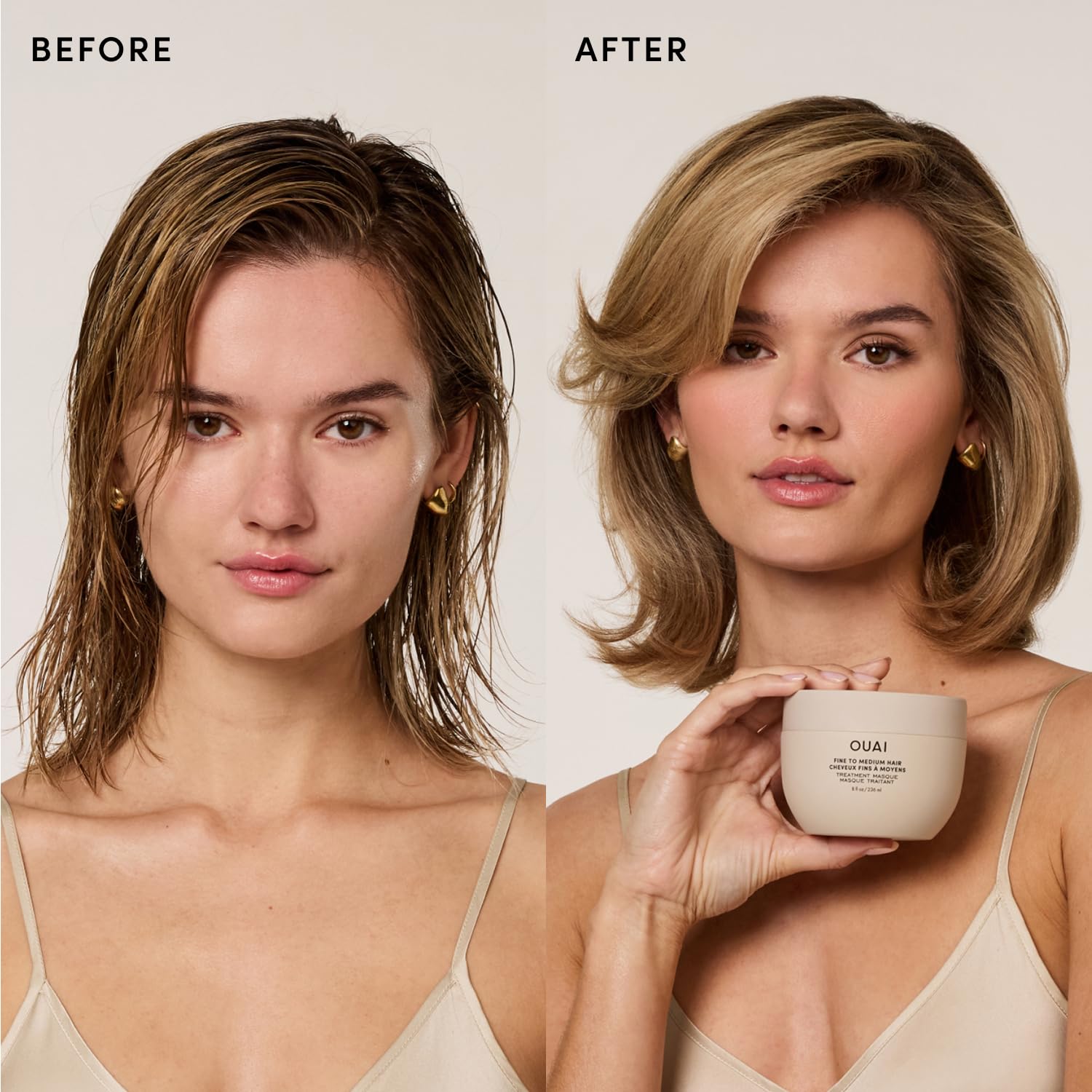 OUAI applying mask to mid-lengths illustrating targeted hydration and frizz control