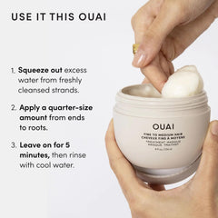 OUAI label close-up listing key ingredients for strengthening and moisturizing benefits