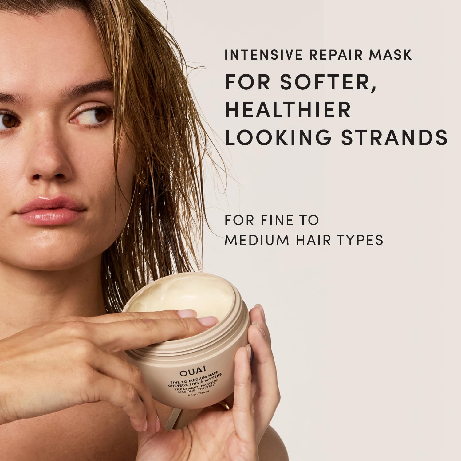 OUAI creamy mask texture close-up demonstrating smooth slip for easy detangling