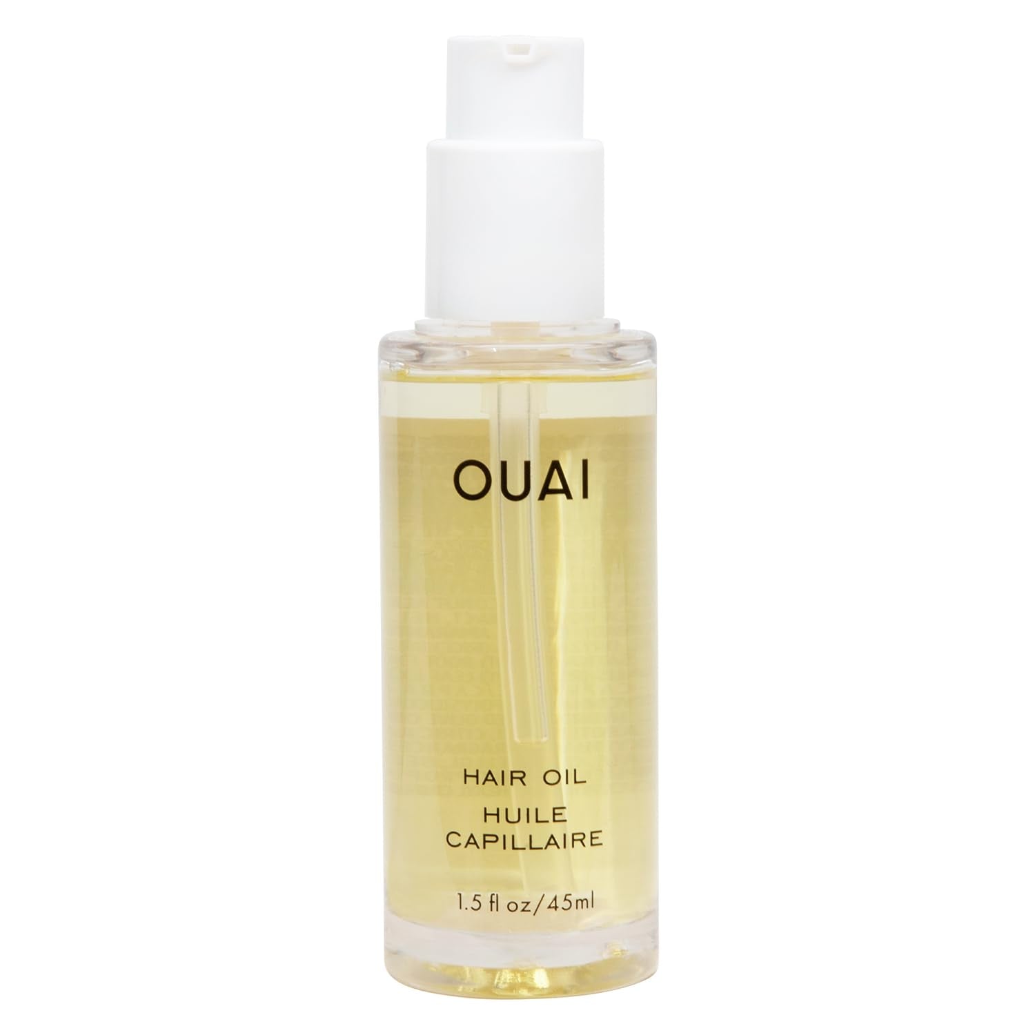 OUAI hair oil front packaging shows compact bottle and benefits