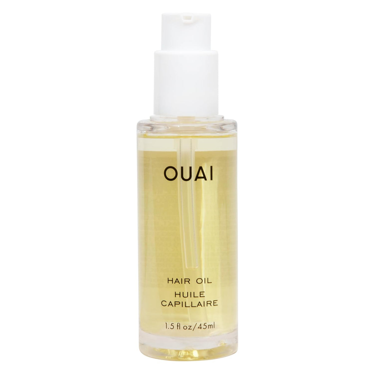 OUAI hair oil front packaging shows compact bottle and benefits