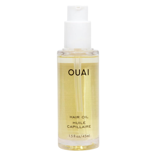 OUAI hair oil front packaging shows compact bottle and benefits