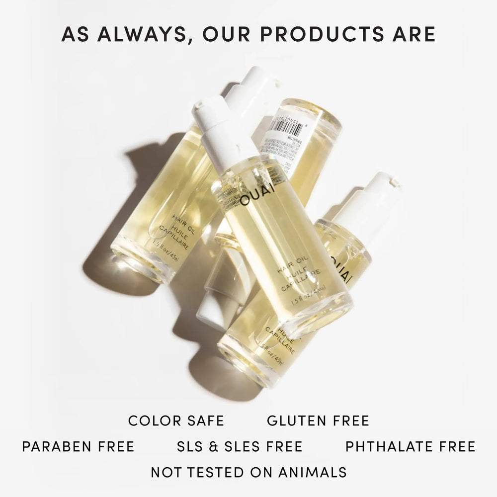 OUAI hair oil on bathroom vanity for everyday styling routine