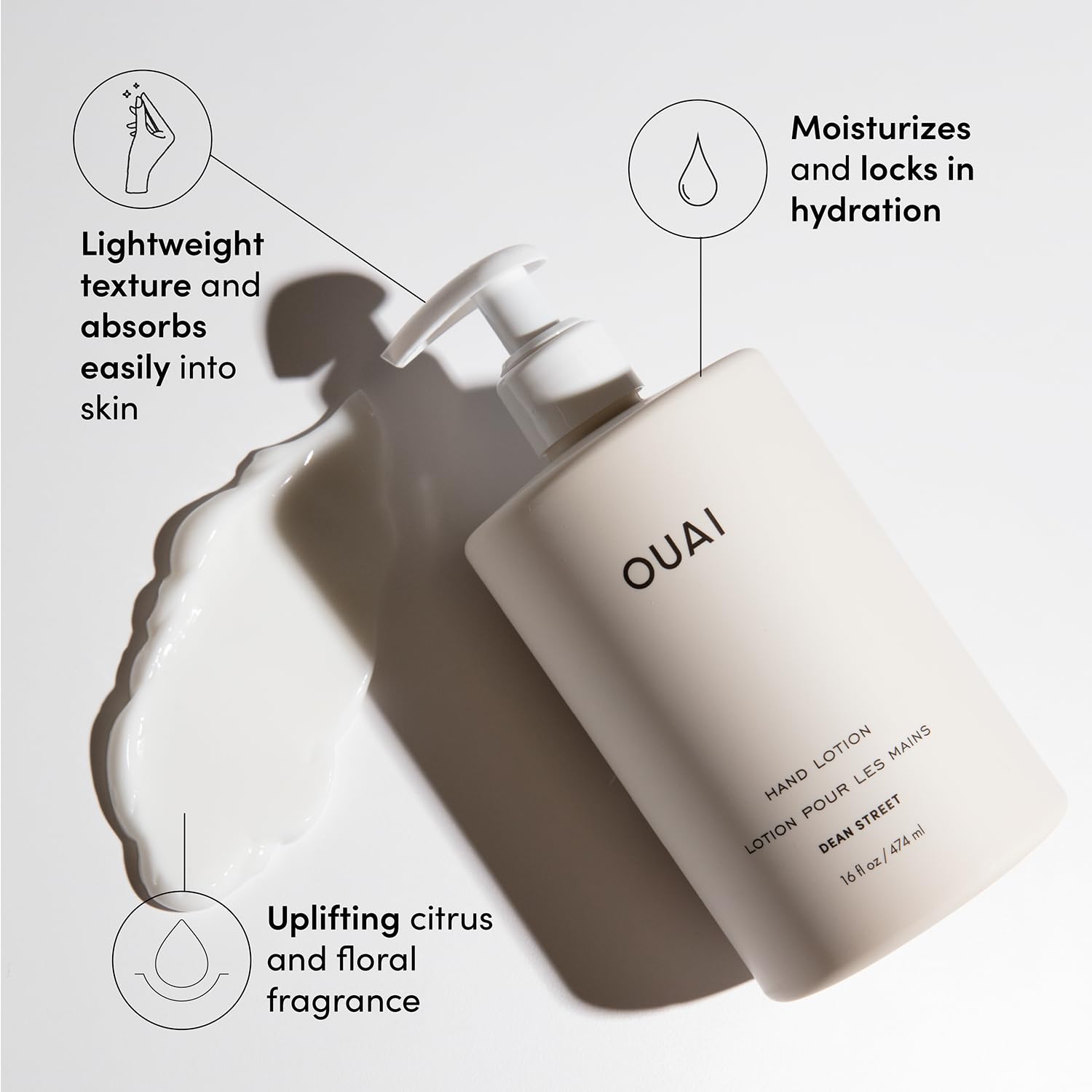 OUAI hand lotion being absorbed illustrating fast hydration without grease