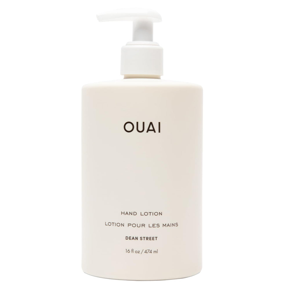 OUAI hand lotion front bottle showing label and size, clear hydration benefit
