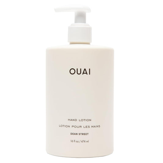 OUAI hand lotion front bottle showing label and size, clear hydration benefit
