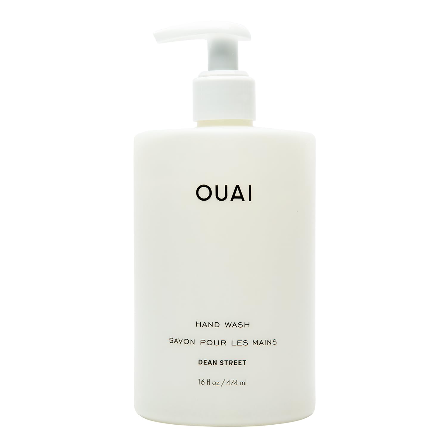 OUAI front bottle view showing Dean Street scent and elegant label benefit: stylish display