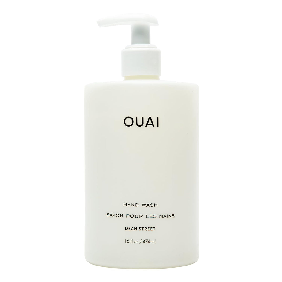 OUAI front bottle view showing Dean Street scent and elegant label benefit: stylish display