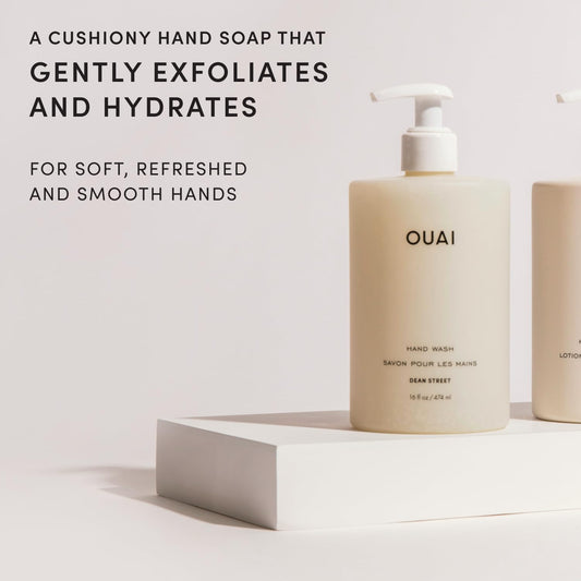 OUAI pump detail close-up showing reliable dispenser benefit: easy, no-drip use