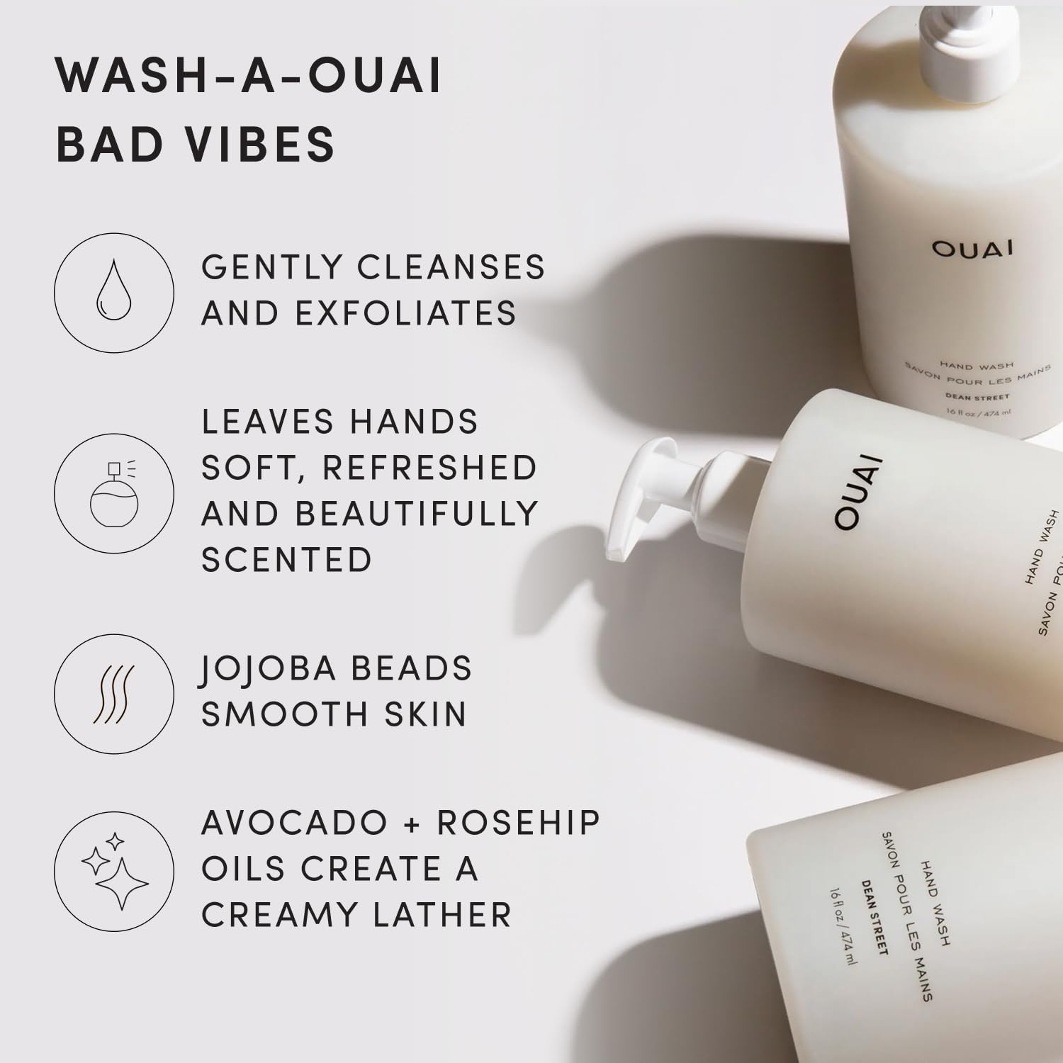 OUAI texture close-up of lotion-like soap showing jojoba esters benefit: gentle exfoliation