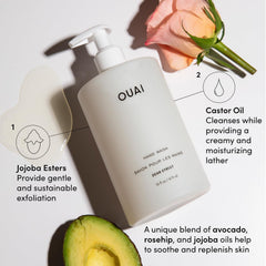 OUAI hand wash lather texture showing gentle exfoliation and cleansing benefit