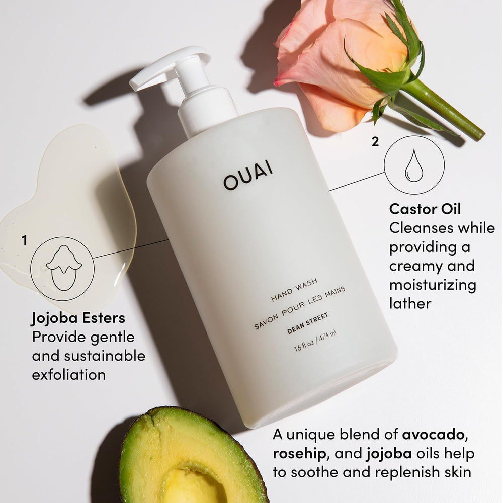 Creamy hand wash texture with jojoba and avocado, highlights nourishing ingredients