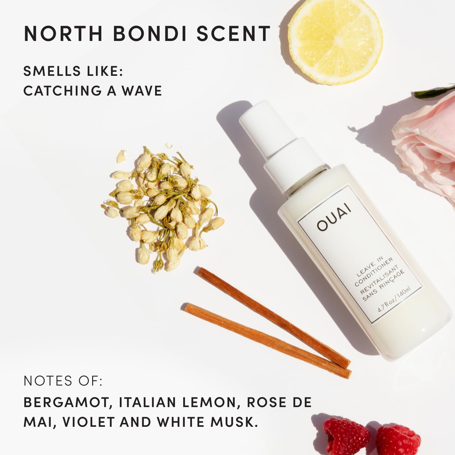 OUAI bottle next to a coin for scale showing portable 4.7 oz convenience